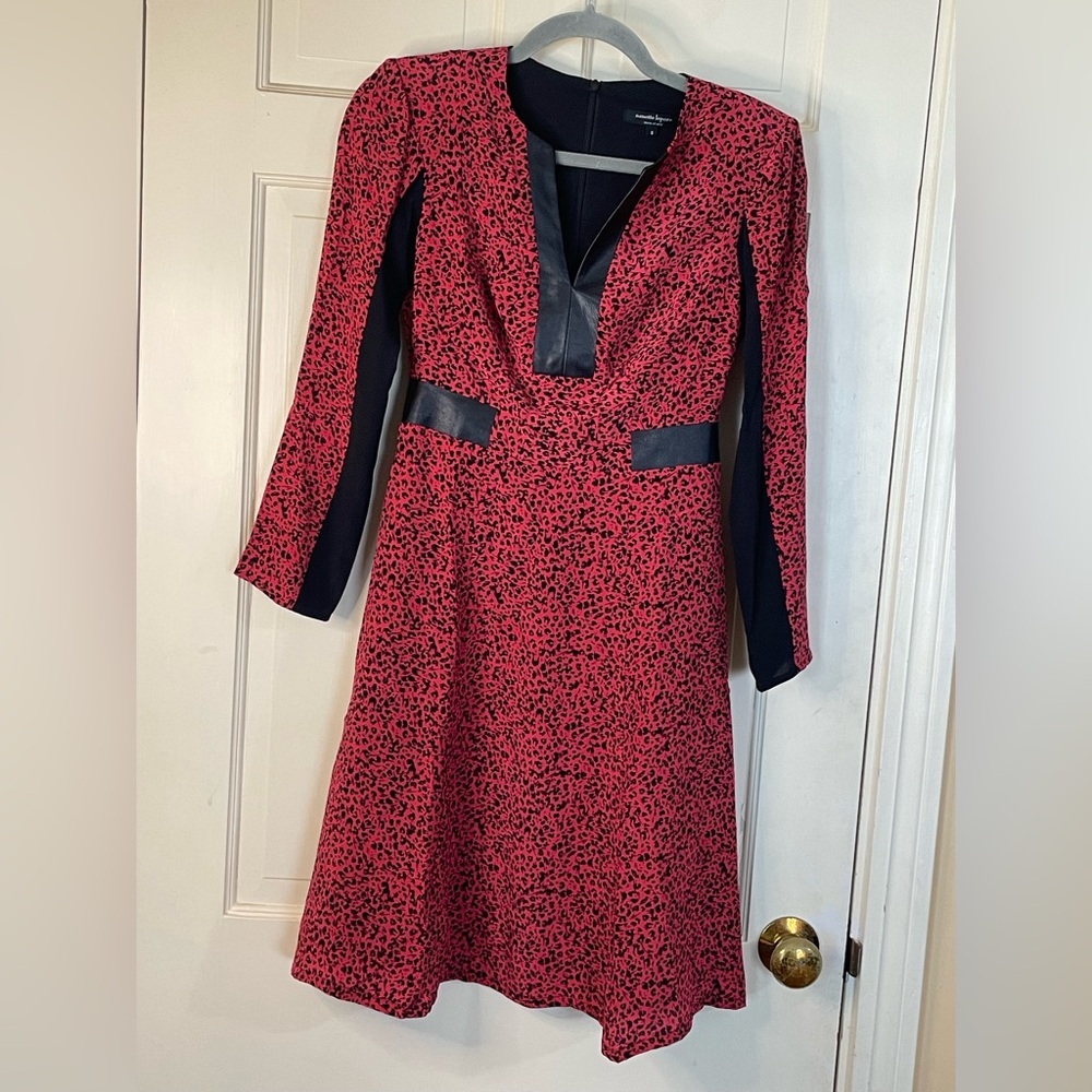Nanette Lepore Womens Size 0 Pink Black Leopard Print Silk Leather Trim Dress - Picture 8 of 8